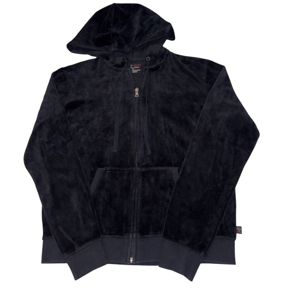 Velour Full Zip Hoodie Track Jacket Black Long Sleeve Sweatshirt NY&C Sport XS